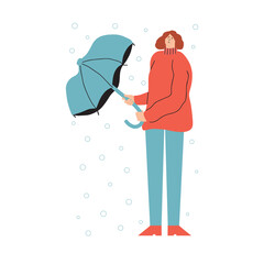 Sad girl with a broken umbrella in rainy autumn weather. Vector illustration in flat style
