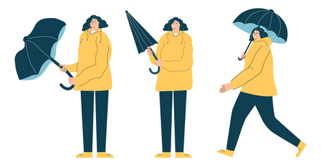 A female character with a whole, closed and broken rain umbrella. A set of characters. Vector illustration in a flat style.