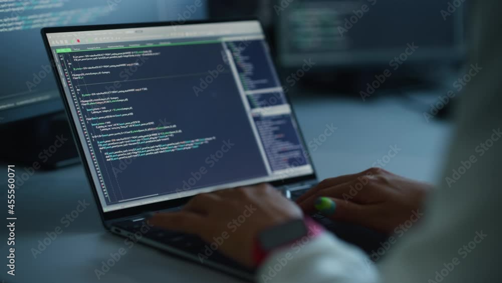 Poster Close-up: Person's Hands Typing on Laptop. Screens Show Coding Language User Interface. Software Engineer Create Innovative e-Commerce App. Program Development. Colorful Nails of Stylish Person