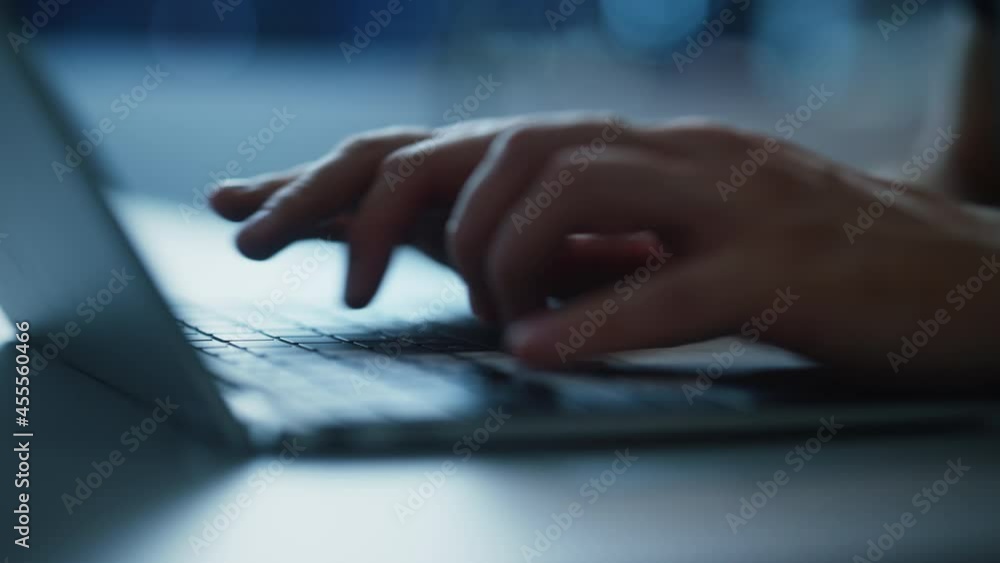 Aufkleber Close-up Static Shot: Person Typing on the Laptop Keyboard. Working, Writing Emails, Using Internet, Doing Coding, Programming Software, Developing e-Commerce Project or e-Business Customer Service