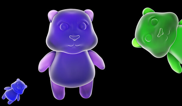 Multicolored jelly bean bears isolated on a black background. Jelly bears fruit gummy. Gummy bear candy, 3d render.