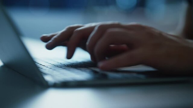 Close-up Static Shot: Person Typing on the Laptop Keyboard. Working, Writing Emails, Using Internet, Doing Coding, Programming Software, Developing e-Commerce Project or e-Business Customer Service