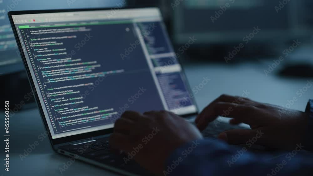 Poster Close-up Focus on Person's Hands Typing on the Desktop Computer Keyboard. Screens Show Coding Language User Interface. Software Engineer Create Innovative e-Commerce App. Program Development