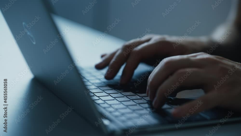 Poster Close-up Static Shot: Person Typing on the Laptop Keyboard. Working, Writing Emails, Using Internet, Doing Coding, Programming Software, Developing e-Commerce Project or e-Business Customer Service