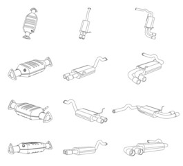Vector perspective illustration of car exhaust pipe and catalytic converter