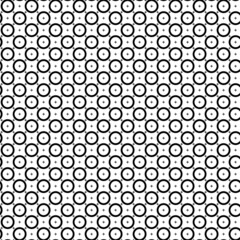 Vector illustration. Geometric seamless pattern. Solid linear circles and crosses. Spotted black and white background. Simple black and white abstract pattern.