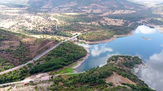 Aerial view of Temo Lake under a cloudy sky. Sardinia, Italy