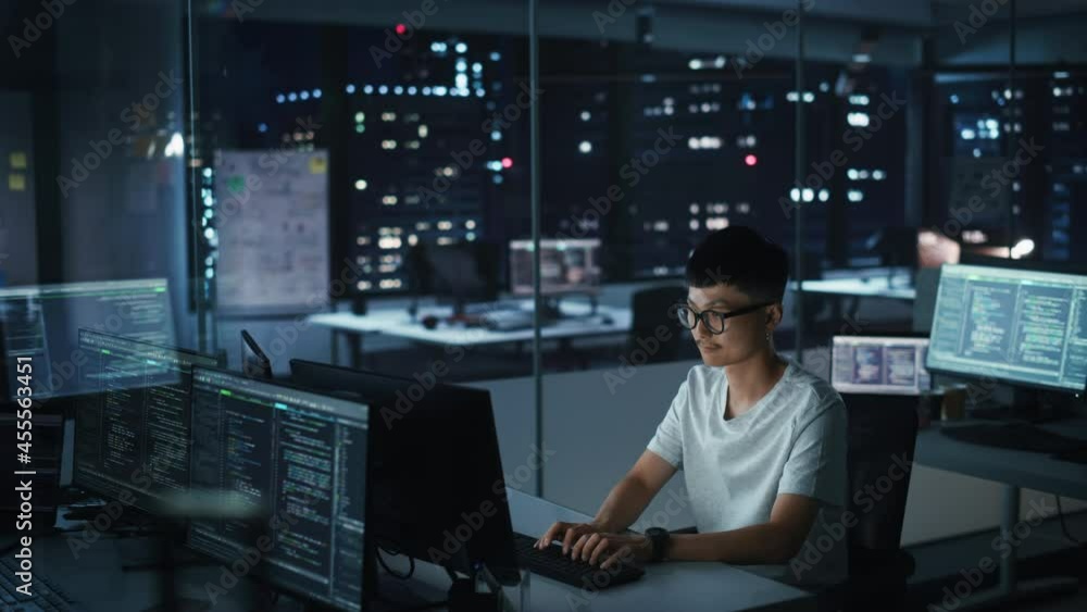 Leinwandbilder Night Office: Portrait of Handsome Japanese Man in Working on Desktop Computer. Digital Entrepreneur Typing, Creating Modern Software, e-Commerce App Design, Programming. Stylish Authentic Person