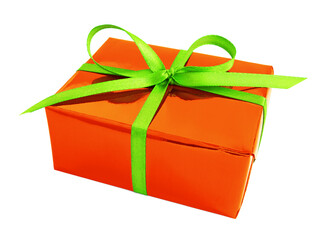Orange glossy gift wrapped present with green satin bow, isolated on white