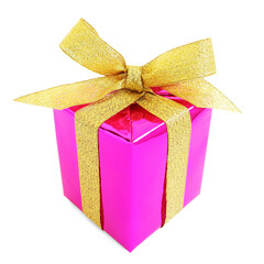 Pink glossy gift wrapped present with golden bow, isolated on white