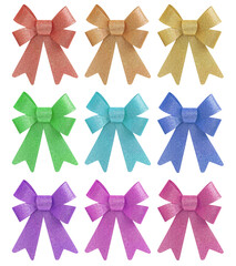 Tinted pastel colors glitter gift bow set, isolated on white