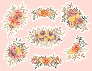 Fototapeta na wymiar Set of watercolor fall bouquets stickers. Hand drawn autumn arrangements of flowers in warm color.