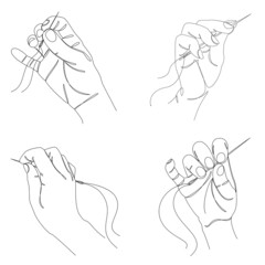 Collection. Silhouettes of a human hand that sews with a needle and thread in a modern style in one line. Solid line, decor sketches, posters, wall art, stickers, logo. Vector illustration set.