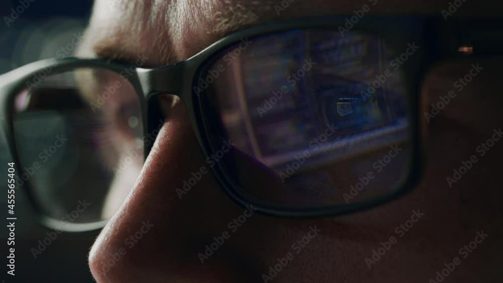 Poster Close-up Portrait of Software Engineer Working on Computer, Line of Code Reflecting in Glasses. Developer Working on Innovative e-Commerce Application using Big Data Concept