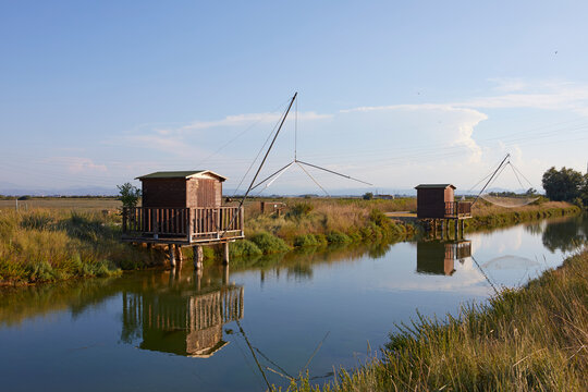 Wooden fishing hous along the Canal in Cervia, Ravenna province. italy