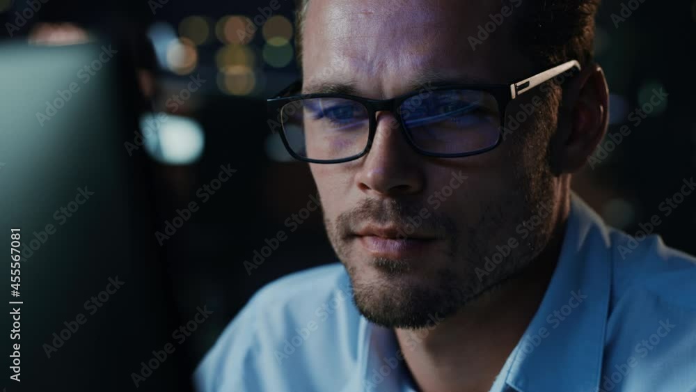 Poster Portrait of Male Startup Digital Entrepreneur Working on Computer, Line of Code Reflecting in Glasses. Developer Working on Innovative e-Commerce App using AI Algorithm Big Data. Warm