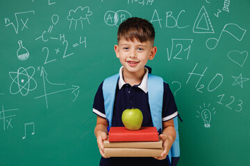 Young smiling male kid school boy 5-6 years old wear t-shirt backpack hold books apple isolated on...