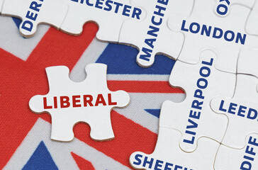 On the flag of Great Britain there are puzzles with the names of cities and a puzzle with the inscription - Liberal