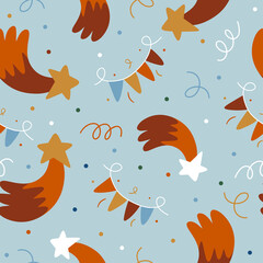 Seamless pattern with Christmas tinsel and stars. Winter cute background. Vector illustration.