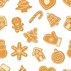 Seamless pattern with Christmas gingerbread cookies. Winter holiday food. Perfect for wrapping paper, greeting cards, textile. Gingerbread man, house, christmas tree, snowman, snowflake.