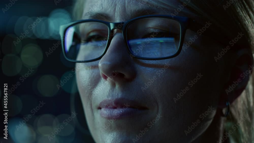 Aufkleber Close-up Portrait of Female Software Engineer Working on Computer, Programming Reflecting in Glasses. Developer Working on Innovative e-Commerce Application using Machine Learning, AI, Big Data