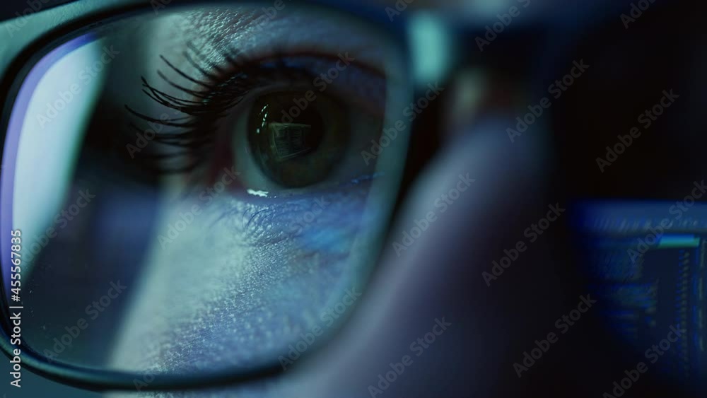 Aufkleber Super Close-up on Female Eye, Software Engineer Working on Computer, Programming Reflecting in Glasses. Developer Working on Innovative e-Commerce Application using Machine Learning, AI, Big Data