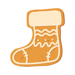 Christmas sock isolated on white background. Christmas gingerbread cookie. Winter holiday food. Happy new year. Merry Christmas holiday. Vector illustration.