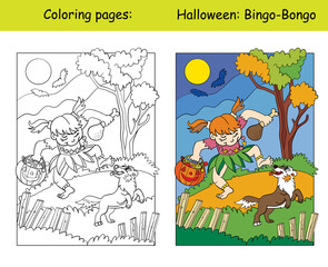 Coloring and colorful Halloween girl in aborigine costume
