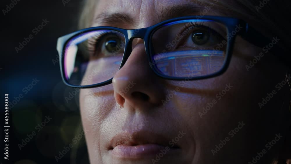 Poster Close-up Portrait of Female Software Engineer Working on Computer, Programming Reflecting in Glasses. Developer Working on Innovative e-Commerce Application using Machine Learning, AI, Big Data