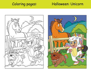 Coloring and colorful Halloween girl in unicorn costume