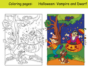 Coloring and colorful Halloween kids in costume of vampire and dwarf