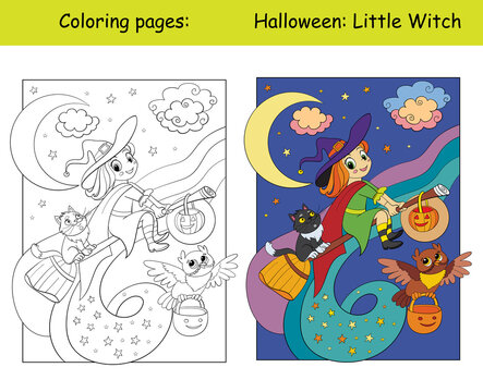 Coloring and colorful Halloween witch flying on a broomstick
