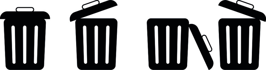 Trash can vector icon. Delete sign - garbage can with lid open - two open dumps and one with lid