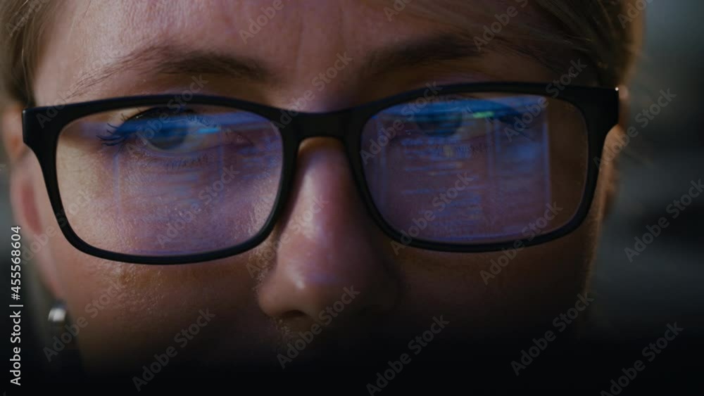 Poster Close-up Portrait of Female Software Engineer Working on Computer, Programming Reflecting in Glasses. Developer Working on Innovative e-Commerce Application using Machine Learning, AI, Big Data