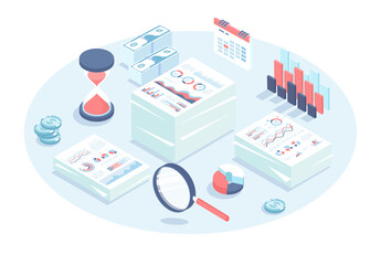 Audit, reports, accounting. Business inspection and analytics. Analysis of financial statements. Stacks of documents with graphs and charts. Vector illustration in 3d design. Isometric web banner.