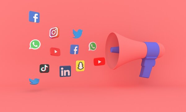 Megaphone with social media icons on pastel colors. Digital marketing and online shopping, isometric concept. Loudspeaker and 3D sale and discount promo apps, landing web page, sale banner.