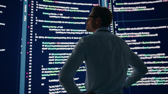 Innovative Startup Concept: Thoughtful Software Engineer Finding Solution, Planning Strategy, Standing and Doing Data Analysis on Big Wall Screen. Programmer Developing e-Commerce App. Back View