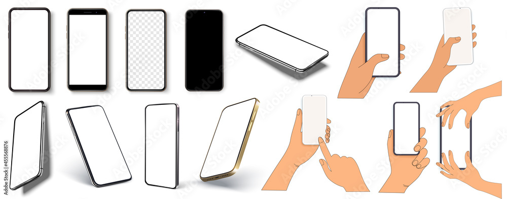 Poster realistic smartphone mockup. device ui/ux mockup for presentation template. collection of hands hold