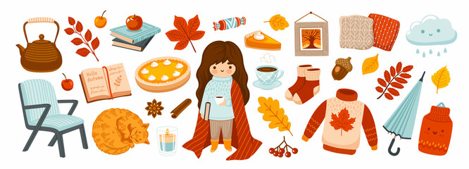 Set of cute cozy home elements: cute sleeping cat, pumpkin pie, socks, sweater, books and umbrella. Autumn season collection for card, stickers, prints, wrapping paper. Vector cartoon illustration.