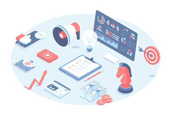 Marketing strategy. Start up, achieving company goals, business success. Business planning, organization, analytics. Vector illustration in 3d design. Isometric web banner.