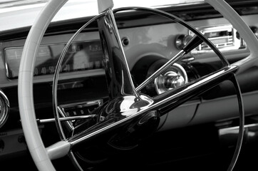 Classic American Car Interior in Black and White
