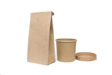 Eco friendly food containers isolated on white. Recycling concept. Delivery food background. 
