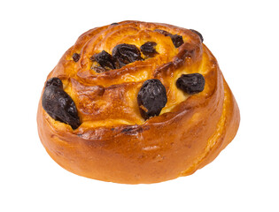 A bun with a raisin filling. A bun, twisted in the form of a snail, isolated on a white background. A sweet dessert for a picnic, for tea or coffee