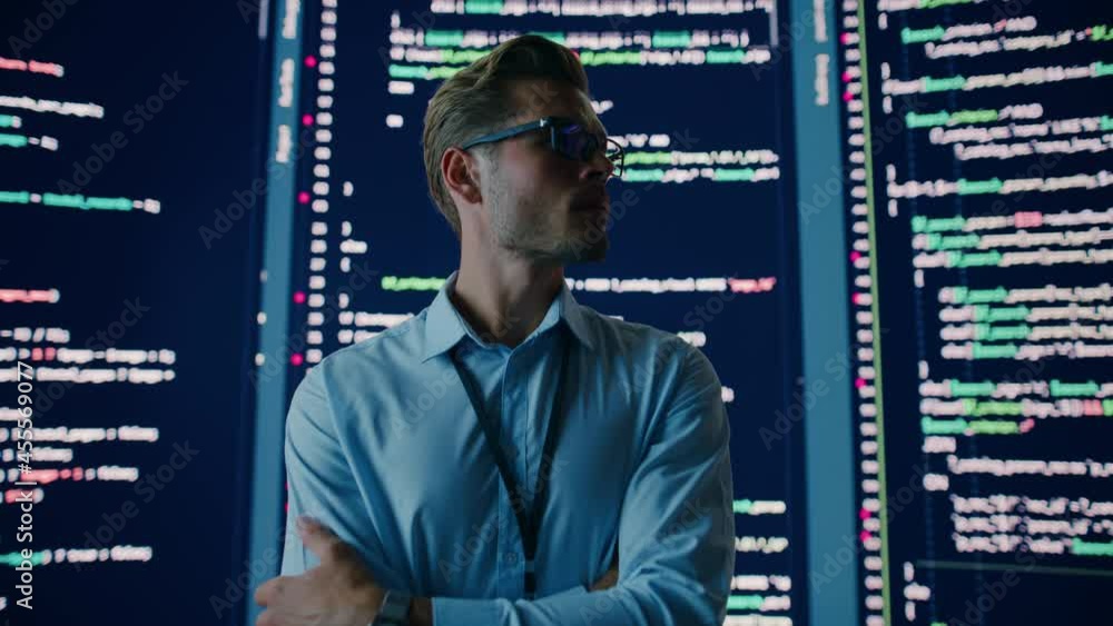 Poster Innovative Startup: Portrait of Thoughtful Software Engineer Finding Solution, Planning Strategy, Doing Big Data Analysis. Screen Background. Programmer Developing e-Commerce App. Dramatic Zoom In