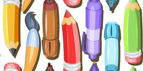 Stationery background illustration. Clouse up. Seamless horizontal pattern. Pencils and ballpoint and gel pens. Scattered in disarray. Cartoon design. Isolated on white background. Vector.