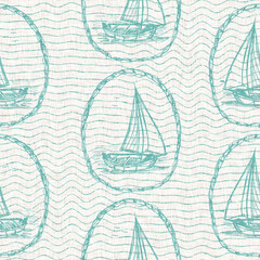 Aegean teal sailboat linen nautical seamless background with wave texture. Summer coastal living style home decor. Marine sailing yacht regatta style. Turquoise blue dyed washed textile pattern.