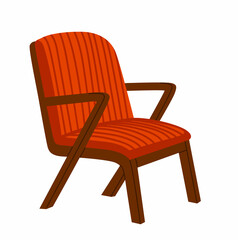 Red chair on wooden legs. Simple elegant indoor furniture with red upholstery. Cartoon hand-drawn vector illustrtation.