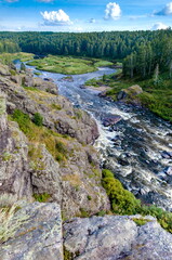 Fast river with rocky banks, overgrown with trees in summer