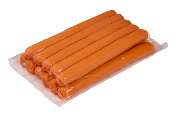 German sausages in a shell on a white background.The meat product is ready to eat.Pork, beef and chicken sausages.Sausages for hot dogs and grilling.Top view isolated on a white background.