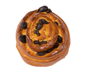 Bun-snail, top view. A bun with raisins, isolated on a white background. Fresh pastries. Delicious sweet snack.